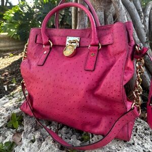 Michael Kors Hamilton Ostrich Fuchsia Satchel with Signature Gold Lock Hardware